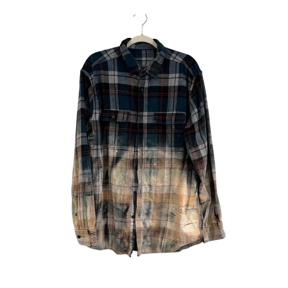 Flannel Shirt George Teal Plaid Custom Bleached Dip Dye Grunge Distressed - Picture 3 of 6